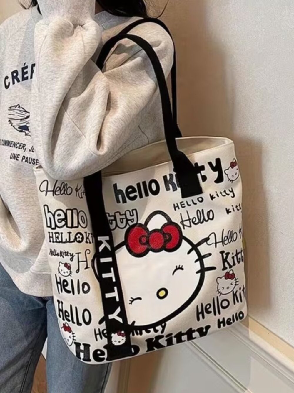 Hello Kitty Canvas Tote Large Lined Black Handles Fashion Shoulder Bag - Picture 2 of 3